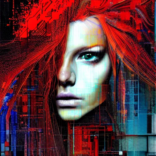 Image similar to hyperrealistic portrait of a mysterious cyberpunk woman with flowing hair, by Guy Denning, Johannes Itten, Russ Mills, beautiful, elusive, glitch art, hacking effects, glitch effects, digital tech effects, cybernetics, detailed lines, holographic, chromatic, clear, color blocking, digital painting, octane, concept art, abstract, red face, 8k, trending on cgsociety, trending on artstation