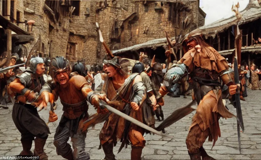 Prompt: movie still: goblins attack a medieval marketplace, by David Bailey, Cinestill 800t 50mm eastmancolor, heavy grainy picture, very detailed, high quality, 4k, HD criterion, precise texture and poses