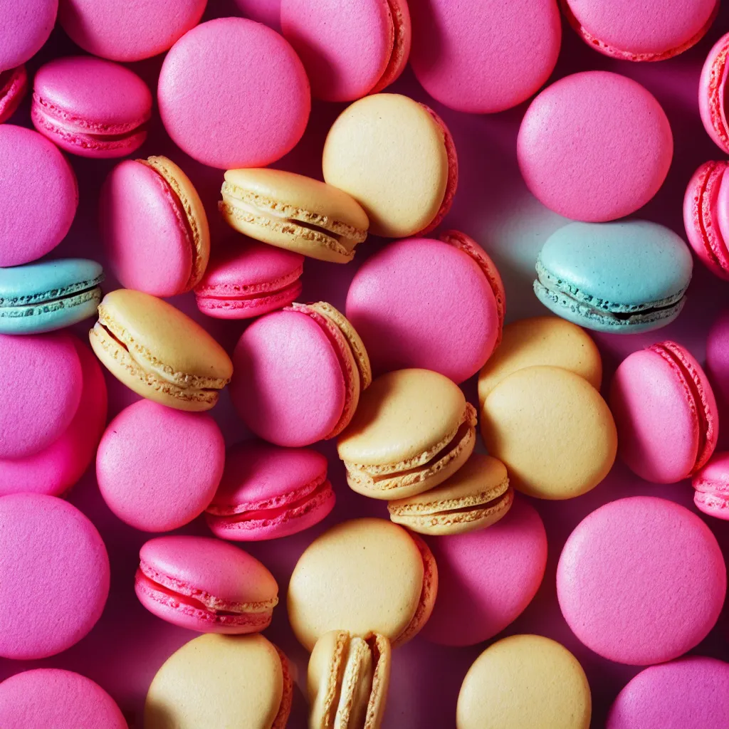 Prompt: top-down view of macarons on top of a pink surface, 8k, high detail, photorealistic, proper shading