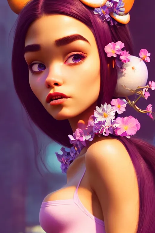 Image similar to pixar woman madison beer rave girl | soft creamy polished decadent vixen floral ornate masterpiece | weta disney movie still portrait photo | sci fi, fantasy, film, 8 k, highly detailed, artstation, realism | beeple, artgerm, mucha, wlop, loish |