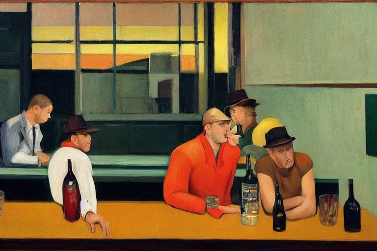 Image similar to mid - thirties guys binge drinking in an empty bar, in the style of edward hopper