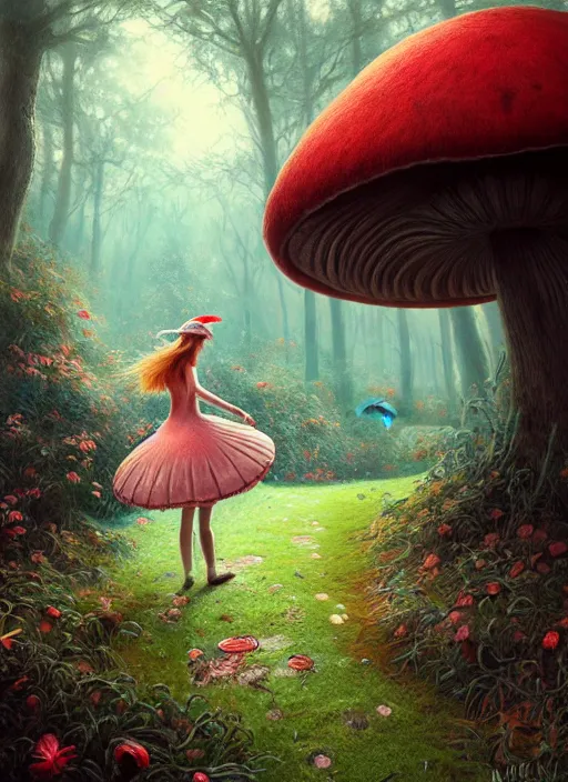 Image similar to alice in wonderland mushrooms detailed clothing, half body shot, arms down, path traced, highly detailed, high quality, digital painting, alena aenami, arnold bocklin, tom bagshaw