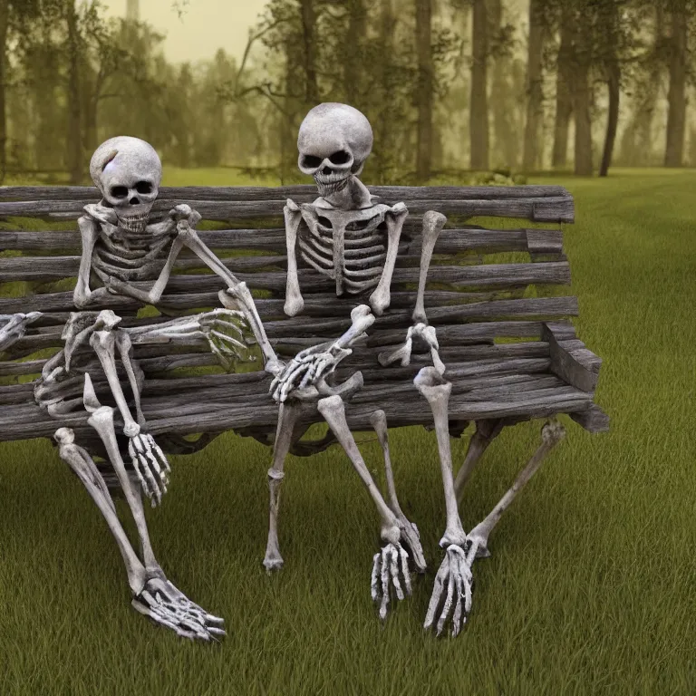 Prompt: decayed old romantic couple of skeletons, sitting on a park bench, holding their hands, partially covered with dust and moss, cinematic lighting, photorealistic image, 8k, ultra detailed, high resolution, artstation