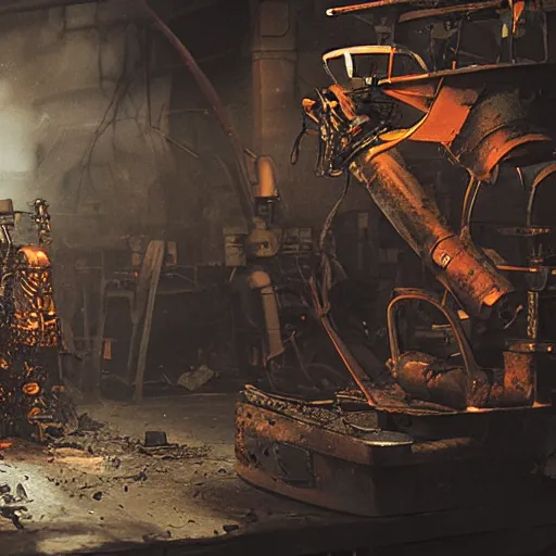 Image similar to weapon made from old egg beater, balding older cyborg repairing, red hot soldering iron, dark messy smoke - filled cluttered workshop, dark, dramatic lighting, orange tint, cinematic, highly detailed, sci - fi, futuristic, movie still from blade runner