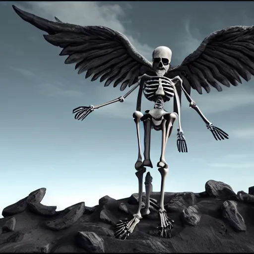 Prompt: a skeleton angel rising from its mystical grave, unreal engine, realistic lighting, 4k, hyper realism