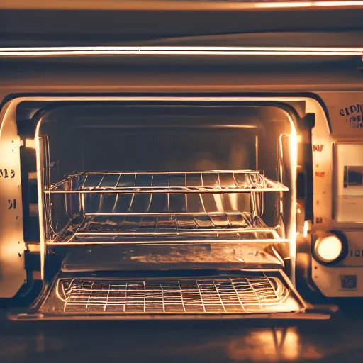 Image similar to toaster oven connected to 1 0 0 cables, symmetry, dark messy smoke - filled cluttered workshop, dark, dramatic lighting, orange tint, sparks, cinematic, highly detailed, sci - fi, futuristic, movie still