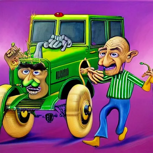 Prompt: beautiful lifelike painting of the chuckle brothers running a purple and green oil derrick, hyperreal detailed facial features and uv lighting, art by ed roth and basil wolverton