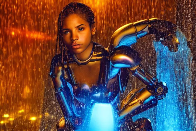 Image similar to beautiful woman robot sitting under a waterfall from 2099, bathed in the glow of a crt television, tv screens in background, low-light photograph, in style of Tyler Mitchell