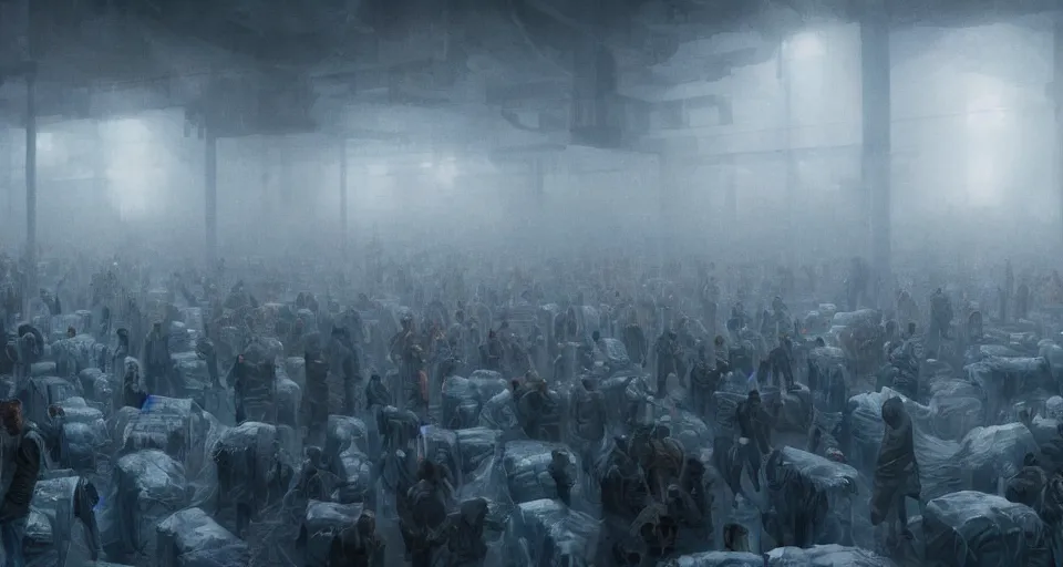 Prompt: illustration of rows of humans in cryostasis in a cold warehouse, refrigerated storage facility, rolling fog, greg rutkowski, cyberpunk, dramatic lighting, unreal engine 5, colorful