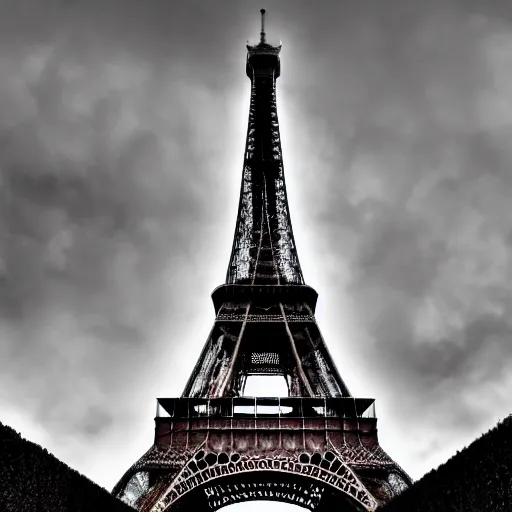 Prompt: photograph of the eiffel tower, post apocalyptic, hdr, 4 k, smoke, damaged cars, fire