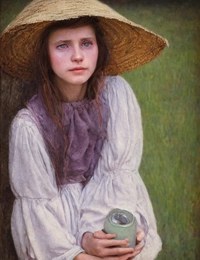 Image similar to shy and modest peasant girl long hair portrait, cottage core, cinematic focus, polaroid photo bleached vintage pastel colors high - key lighting, soft lights, foggy, by steve hanks, by lisa yuskavage, by serov valentin, by tarkovsky, 8 k render, detailed, oil on canvas