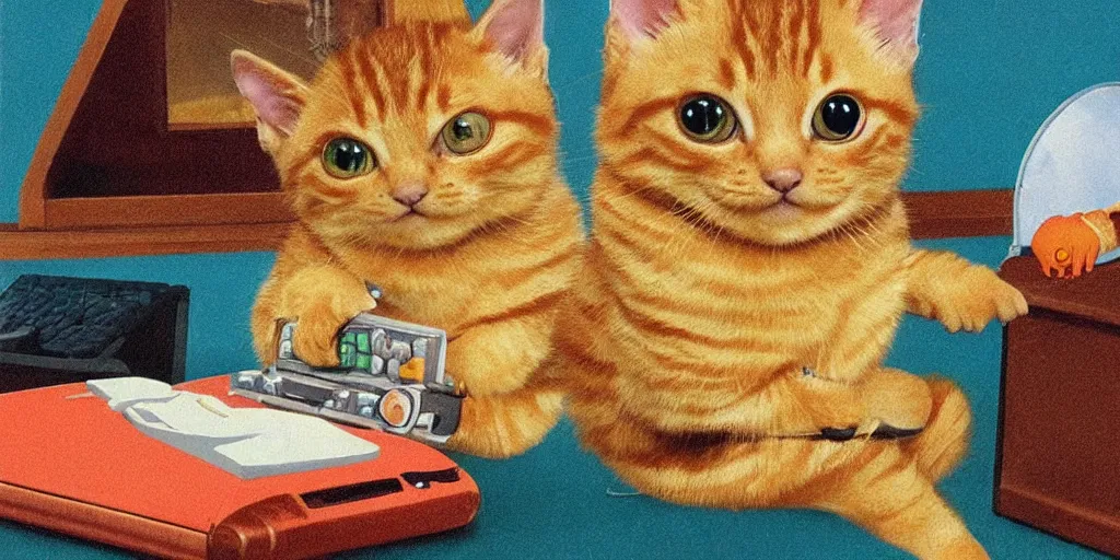 Prompt: an orange tabby kitten playing pc games by richard scarry