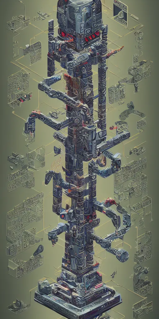 Image similar to isometric anatomy of the terminator, robot, cyborg, t100, diagrams, mystical, intricate ornamental tower floral flourishes, technology meets fantasy, map, infographic, concept art, art station, style of monument valley, giger, wes anderson