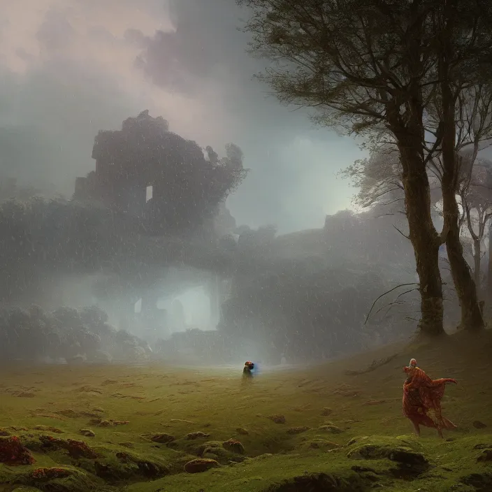 Prompt: a 3 d painting of ruins on the grassland, rainy by ivan aivazovsky and zdzisław beksinski and simon stalenhag! and greg rutkowski! and james gurney, in style of digital art. hyper detailed, sharp focus, soft light. octane render. maya. ray tracing. trending on artstation