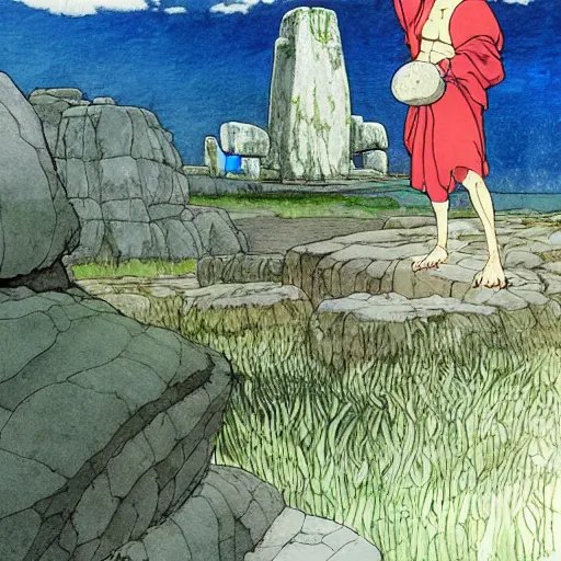 Image similar to a hyperrealist studio ghibli watercolor fantasy concept art. in the foreground is a giant monk in a grey robe lifting a stone. in the background is stonehenge. the scene is underwater on the sea floor. by rebecca guay, michael kaluta, charles vess