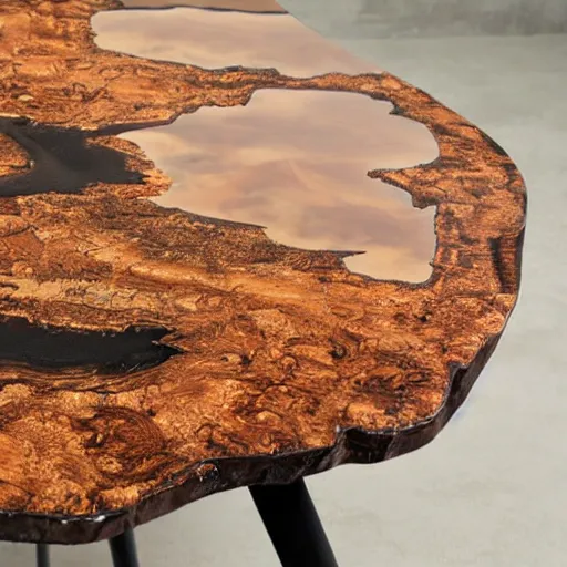 Prompt: cherry burl wood black epoxy river table, modern style, magazine photograph, realistic