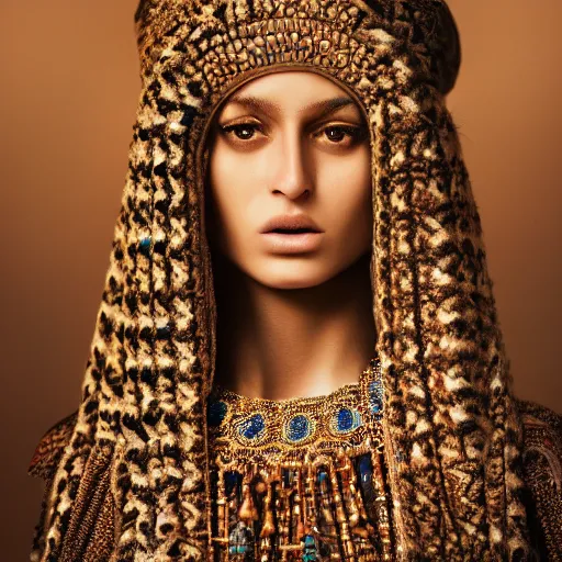 Image similar to portrait of a stunningly beautiful persian tribal female, depth of field, zeiss lens, detailed, symmetrical, centered, fashion photoshoot, by Annie Leibovitz and Steve McCurry, David Lazar, Jimmy Nelsson, Breathtaking, 8k resolution, extremely detailed, beautiful, establishing shot, artistic, hyperrealistic, beautiful face, octane render