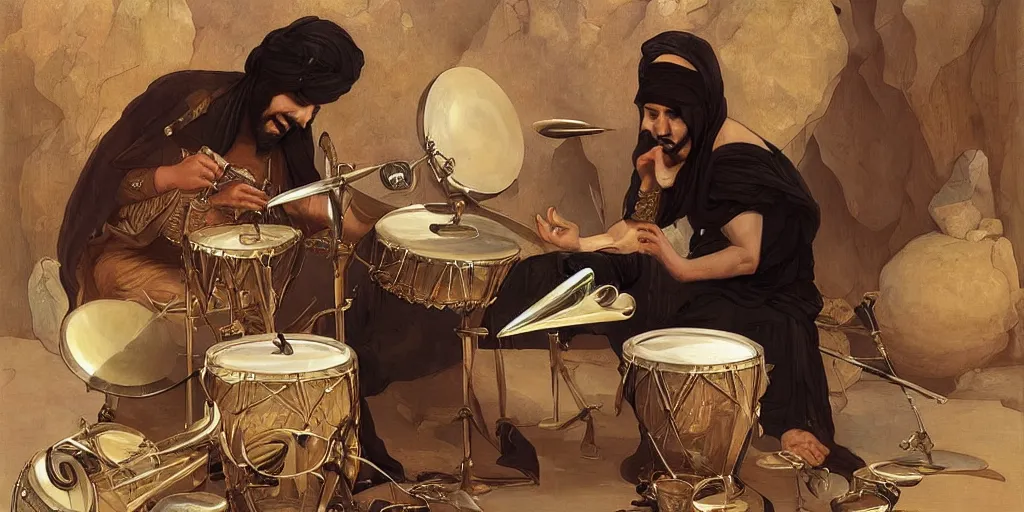 Prompt: a middle eastern rock drummer playing a modern rock drumset, the cymbals are replaced by ceramic food dishes, elegant, highly detailed, digital painting, artstation, concept art, smooth, sharp focus, illustration, art by artgerm and greg rutkowski and alphonse mucha and william - adolphe bouguereau