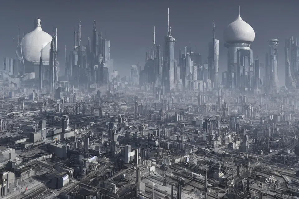 Prompt: the cyberpunk Russian empire, industrial citadel of black domes and spires, snow capped mountains