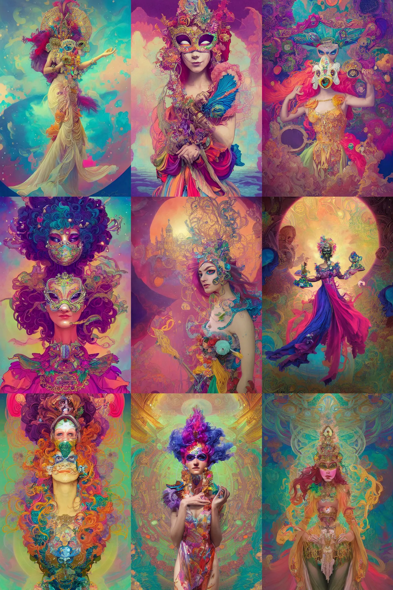 Prompt: woman in Venetian mask, center of the universe, psychedelic, character concept, floating hair, gauzy dress, full body shot, colorful, highly saturated colors,,fantasy character, detailed illustration, digital art, overdetailed art, concept art, Dan Mumford, Peter Mohrbacher, Alfons Mucha, Greg Rutkowski, trending on artstation
