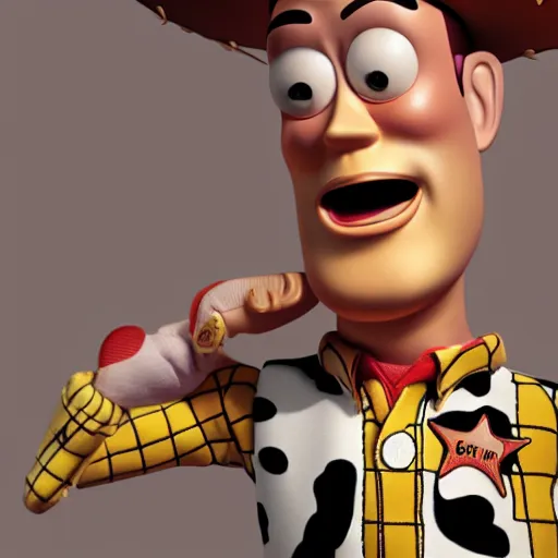 Image similar to Photorealistic toy story woody in the style of ren and stimpy. Hyperdetailed photorealism, 108 megapixels, amazing depth, glowing rich colors, powerful imagery, psychedelic Overtones, 3D finalrender, 3d shading, cinematic lighting, artstation concept art