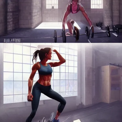 Prompt: beautiful woman working out in a gym, abs, art by greg rutkowski, artgerm, artstation, highly detailed, pretty, gorgeous, cute