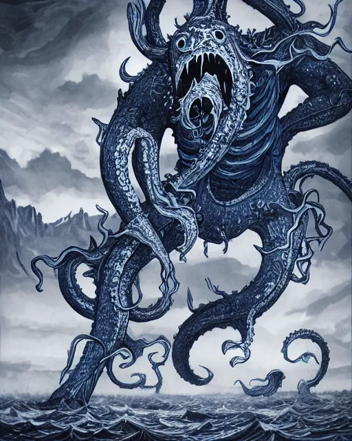 Image similar to A huge blue kraken in a vast sea, terrifying, black and white, fantasy art, monster art, in the style of masami kurumada, illustration, epic, fantasy, intricate, hyper detailed, artstation, concept art, smooth, sharp focus, ray tracing