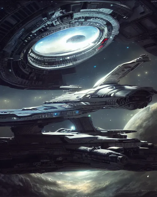 Image similar to starship enterprise, hyper realistic, scifi art, in the style of greg rutkowski, intricate, hyper detailed