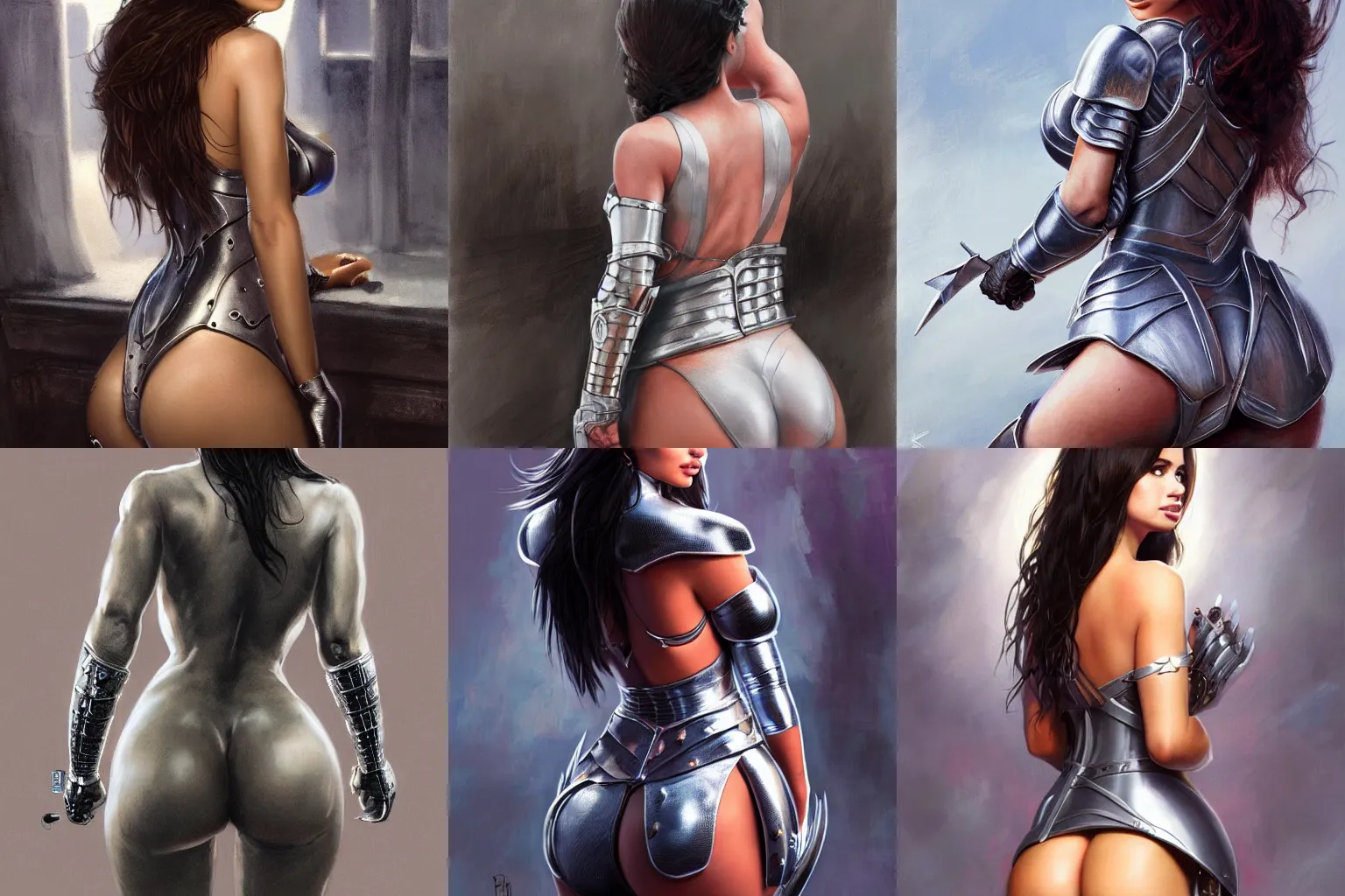 Prompt: Portrait of Demi Rose Mawby as seen from the back as a knight in skimpy silver armor, marvel comics, dark, intricate, highly detailed, smooth, artstation, digital illustration by Ruan Jia and Mandy Jurgens and Artgerm and Wayne Barlowe and Greg Rutkowski and Frank Frazetta