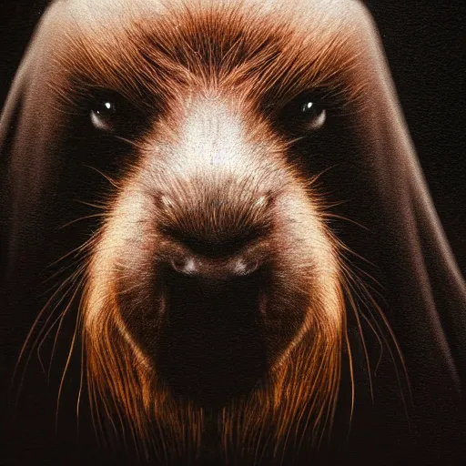 Image similar to a portrait of a capybara wearing a black hood, cloak covering face, anatomically correct, beautiful perfect face, enigmatic, oil painting, matte, black background, volumetric dynamic lighting, highly detailed, cinematic lighting, unreal engine, 8 k, hd, by beksinski