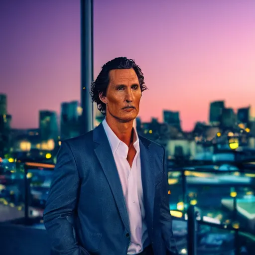 Image similar to a still of matthew mcconaughey . Shallow depth of field. City at night in background, lights, colors ,studio lighting, mood, 4K. Profession photography