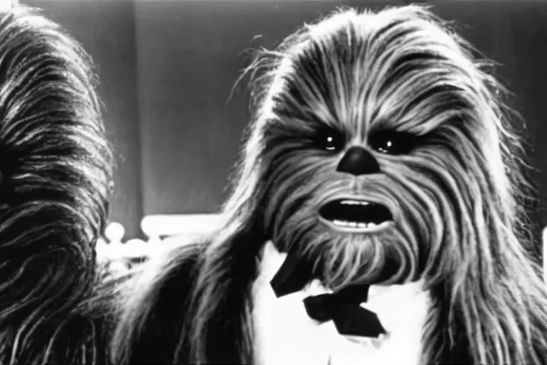 Prompt: A still from the black and white movie where Chewbacca starred alongside Charlie Chaplain