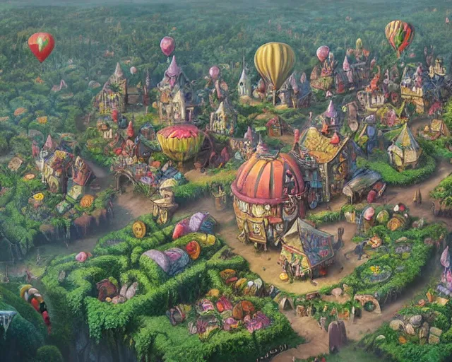 Image similar to fantasy clown village next to a balloon forest, aerial view, deep focus, d & d, fantasy, intricate, elegant, highly detailed, digital painting, artstation, concept art, matte, sharp focus, illustration, hearthstone, art by artgerm and greg rutkowski and laura sava and alphonse mucha