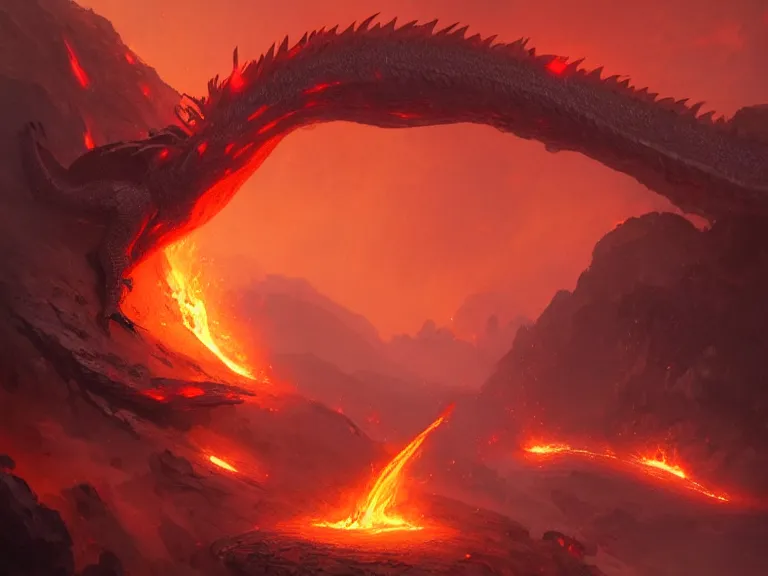 Image similar to mysterious lava dragon, concept art by Greg Rutkowski, artstation, cgsociety