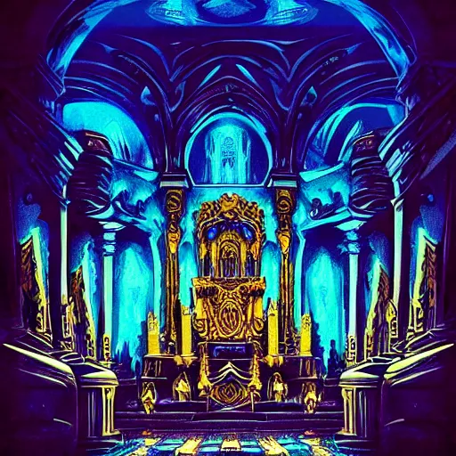 Prompt: Rafael Albuquerque comic art, The interior of an underwater city, insanely ornamented with baroque evil golden decorations, black ornaments, ominous devilish altar made of bones, blue neon light coming from the windows, mysterious atmosphere, octane