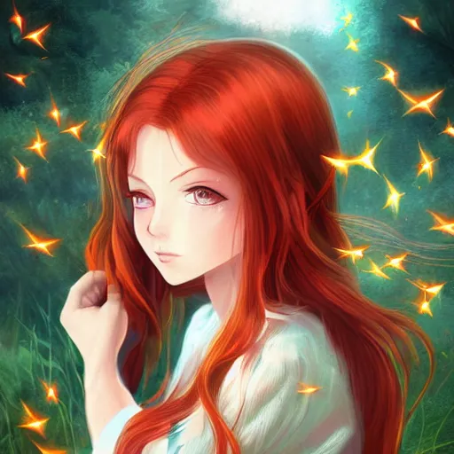 Prompt: sharp, intricate fine details, breathtaking, digital art portrait of a red haired girl with green eyes in a dreamy, mesmerizing scenery with fireflies, anime style art by studio ghibli, deviantart, artstation