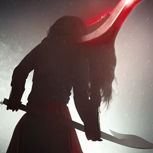 Image similar to vampire holding powerful blood sword after a battle foggy rainy realistic award winning, trending on artstation, unreal engine