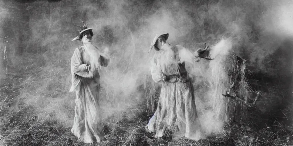 Prompt: 1 9 2 0 s spirit portrait photography of an old female farmer turning into a krampus ghost with hay cloth and antlers in the dolomites, smoke smoking from mouth, casting a root spell, inviting hand, witchy, wicca, by william hope, dark, eerie, grainy