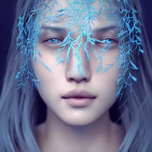 Image similar to intricate highly detailed face portrait of asian - european woman, light blue water vines on her face, intricate, cgsociety, unreal engine, octane render, sharp focus, smooth, volumetric lighting, cinematic composition, artstation