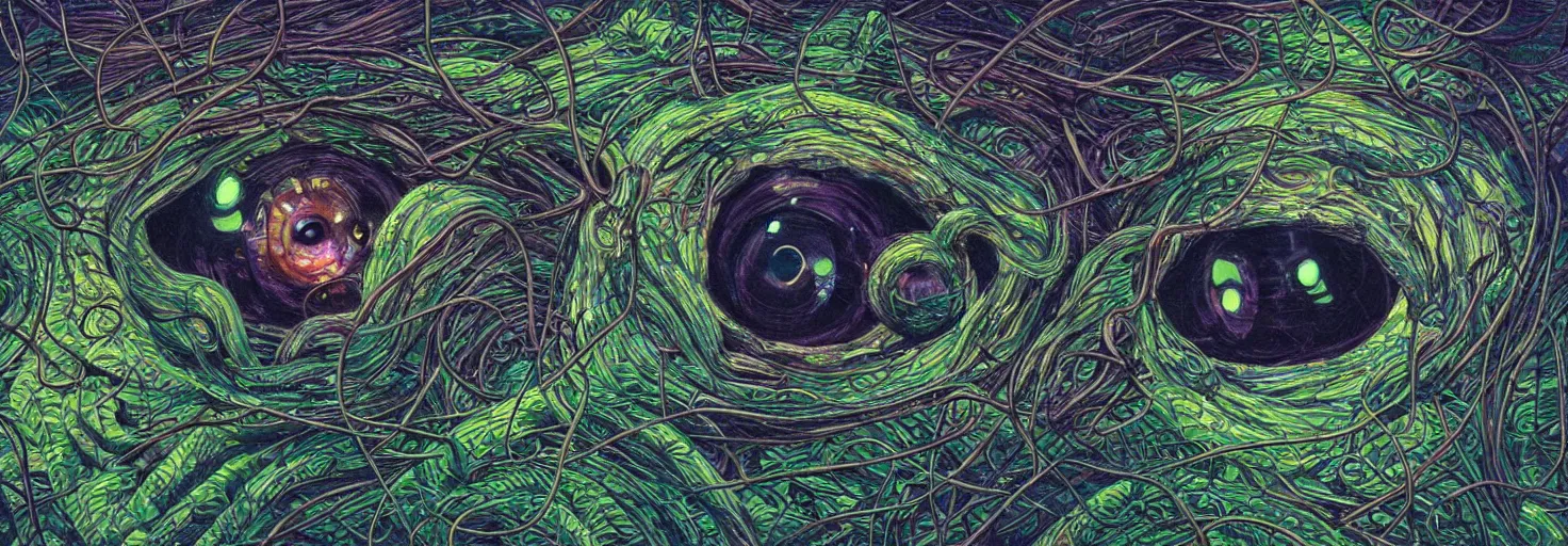 Image similar to many large beautiful eyeballs inside of extremely thick iridescent vines intertwined, central composition, high saturation, epic lighting, in the style of Peter gric and Amanda Sage 8k