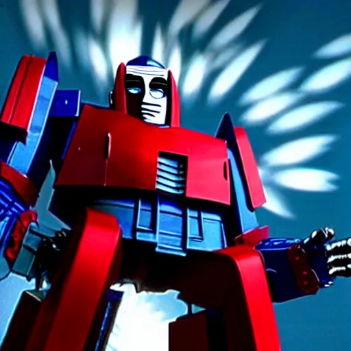 Prompt: mr. bean as optimus prime from the transformers movie. movie still. cinematic lighting.