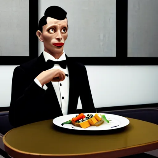 Image similar to a man in a tuxedo sitting at a table with a plate of food, an art deco painting by Patrick Brown, cgsociety contest winner, art deco, rendered in unreal engine, art deco, rendered in cinema4d