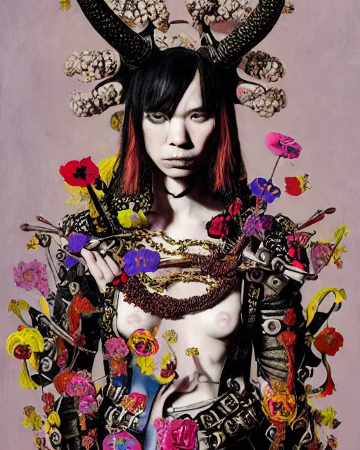 Prompt: portrait of a medieval warrior yayoi kusama, goth punk, floral flowers, rainbow colors, surreal, a flemish baroque by alexander mcqueen, art by john collier by greg rutkowski and craig mullins, oil on canvas