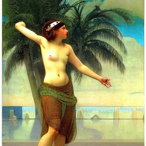 Image similar to Girl throwing gand signs at the palace, thunderstorm, pool, beach and palm trees on the background major arcana sky, by paul delaroche, alphonse mucha and arnold böcklin arnold böcklin hyperrealistic 8k, very detailed