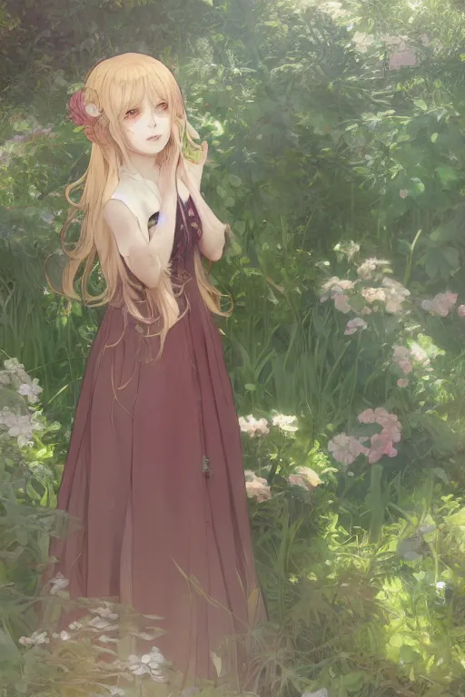 Image similar to a digital art of a loli with long hair in a dress in the privet garden at after noon, by krenz cushart and mucha and akihito yoshida and greg rutkowski and makoto shinkai, detailed eyes, 4 k resolution 、 trending on art station