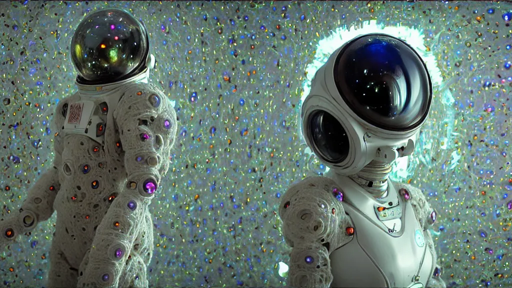 Image similar to a cybernetic symbiosis of a single astronaut mech-organic eva suit made of pearlescent wearing knitted shiny ceramic multi colored yarn thread infected with diamond 3d fractal lace iridescent bubble 3d skin dotted covered with orb stalks of insectoid compound eye camera lenses floats through the living room, film still from the movie directed by Denis Villeneuve with art direction by Salvador Dalí, wide lens,kevlar,carbon fiber,ceramics,gaseous materials,