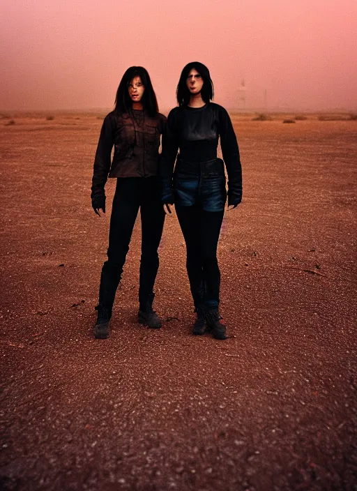 Image similar to cinestill 5 0 d photographic portrait of two loving androids, beautiful women wearing rugged black techwear on a desolate plain with a red sky, extreme closeup, lizard on ground, cyberpunk style, in front of a brutalist dark metal facility, dust storm, 3 5 mm, 8 k, f / 3 2, high resolution, ultra realistic faces