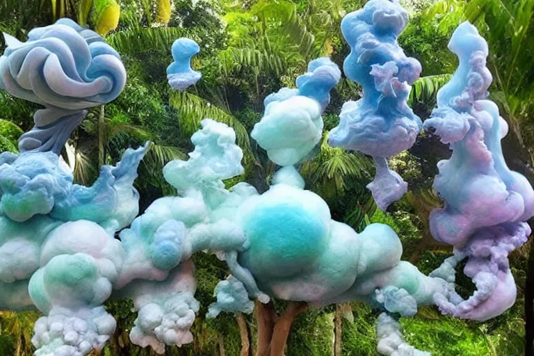 Image similar to a huge flock of many smooth puffy marvelous cloud sculptures with whirling ultra detailed gemstone crystal sculptures, art nouveau jungle environment, playful, award winning art, epic dreamlike fantasy landscape, ultra realistic,