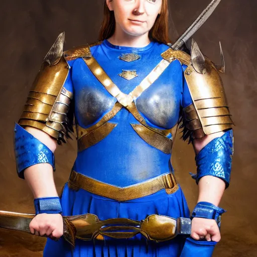 Prompt: photo of a female warrior with lapis lazuli armour and weapons