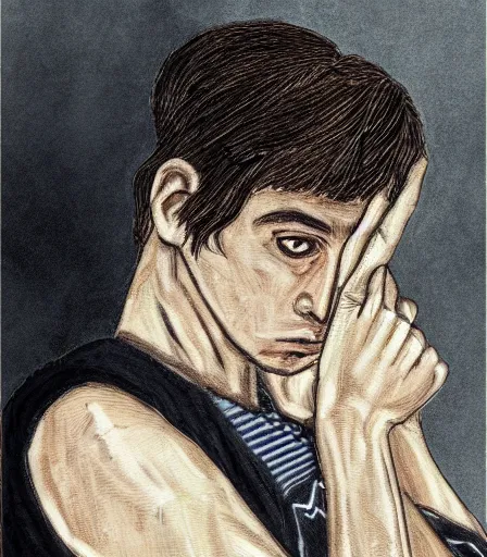 Prompt: high quality, high detail, portrait of a handsome non binary criminal lost in thought, by avigdor arikha, intense, moody